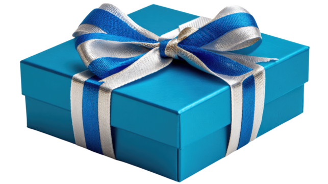 Azure Gift Box: A square, elegant blue gift box tied with a double ribbon of white and blue, creating a celebratory and elegant presentation.