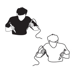 Dual-style vector of technicians soldering: one silhouette, one outline. Ideal for electronics, repair, educational, or branding visuals.