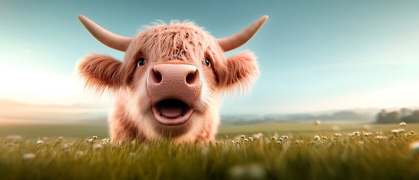 A fluffy, pink highland cow stares into the camera in a field of green grass