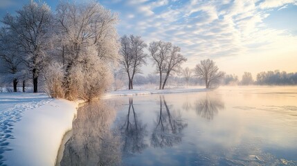 Tranquil winter landscape with frosted trees reflected in the calm water surface
