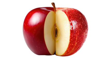 Apples: A halved apple reveals its juicy interior. It evokes freshness and the essence of a simple, healthful snack.
