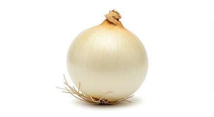 Fototapeta premium A single white onion with dry roots and stem on a plain white background in a studio shot