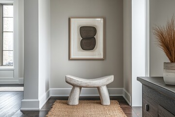 A white and grey room with a white wall and a black and grey picture on it. The picture is of two rocks and it is framed. There is a white bench in the room with a brown rug underneath it