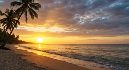 Tropical Beach at Sunset with Palm Trees and Golden Sky
