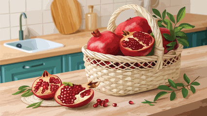 Pomegranate with Pomegranate slice in wicker basket on table in kitchen vector design, Pomegranate Illustration vector design