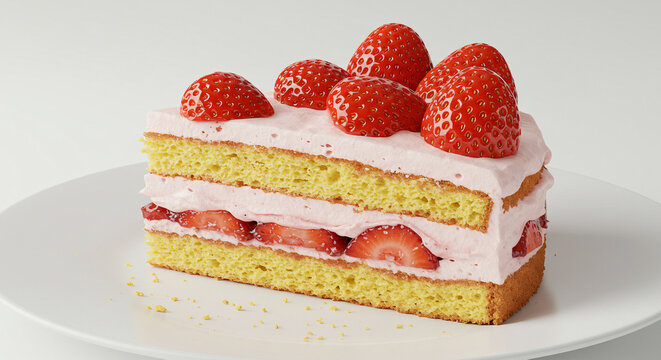 fatia de bolo gourmet de morango em um prato branco, com camadas ricas de chantilly, morangos frescos