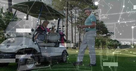 Golf partners riding white golf cart on fairway, overlaying sports technology data graphics - Powered by Adobe