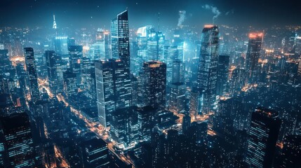 Fototapeta premium Luminous Cityscape at Night: An aerial view of the urban skyline filled with light