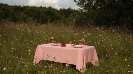Summer Picnic Table in Nature with Fruits, Fresh Flowers, and Cozy Atmosphere