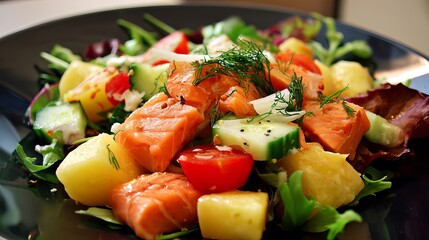 A close up shot of a vibrant salmon salad with fresh vegetables on a dark plate ready to be enjoyed