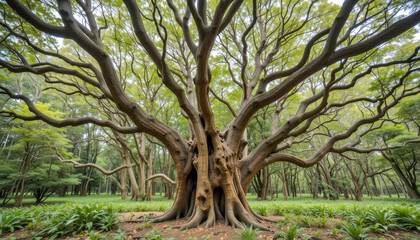 Fototapeta premium A majestic, ancient tree with sprawling, gnarled branches commands a lush green forest. Its massive trunk and intricate root system anchor it firmly in the ground, showcasing nature's enduring beauty.