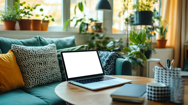 Modern Workspace with a Laptop with Transparent PNG Screen on Table, Offering Ample Copy Space for Personalized Branding and Advertisement