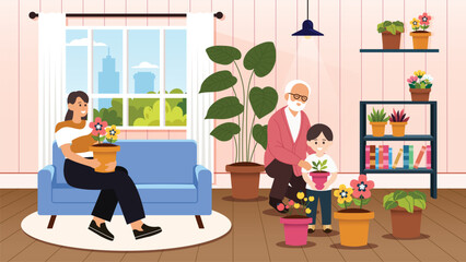 Happy family  a senior man, a woman and a child, gardening together in a greenhouse, taking care of  flower plants and smiling.