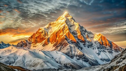 Snow-covered mountain peak glows at sunrise, bathed in golden light against a serene morning sky