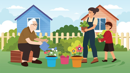 Happy family  a senior man, a woman and a child, gardening together in a greenhouse, taking care of  flower plants and smiling.