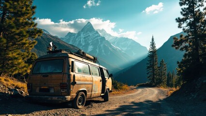 Rustic van parked by mountain road in wilderness