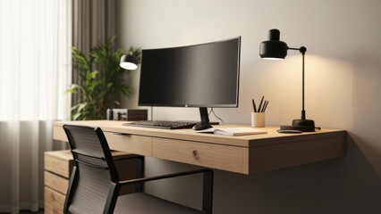 Modern home office with curved monitor and soft lighting