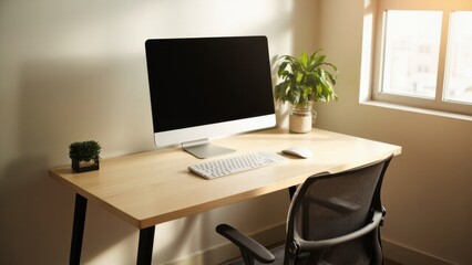 Minimalist workspace with computer and sunlight