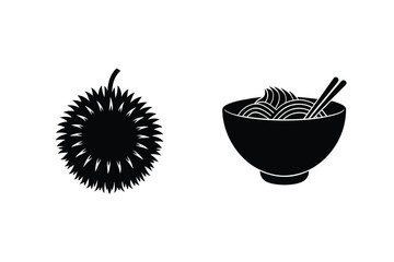 Simple Black Silhouette Of Durian Fruit And Noodle Bowl With Chopsticks Isolated
