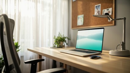Natural home office setup with laptop and window light