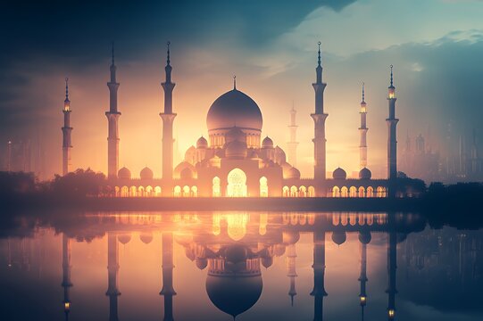 Grand Mosque Sunset Reflection Majestic Cityscape