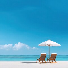 Obraz premium Landscape summer vacation holiday travel ocean sea beach background banner panorama - Wooden sun loungers, lounge chair and parasol on the sand, blue sky and sunshine --profile.