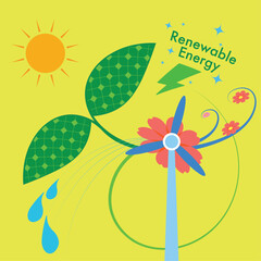 Colorful eco illustration of solar leaves, wind turbine, water drops, and sun. Perfect for themes of renewable energy, sustainability, and clean, green technology.