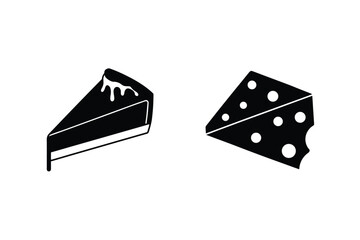 Black And White Vector Illustration Depicting Cake Slice And Cheese Chunk