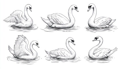 Six Swans on Water, Pencil Sketch, Nature Illustration, Wildlife Art, Design Element