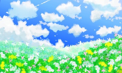 green grass and blue sky★お花畑の草原と青い空の
風景背景