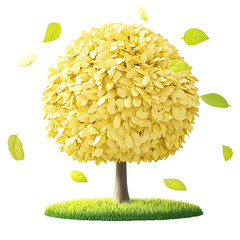 Lush Yellow Tree with Falling Leaves Spring or Autumn Nature Scene 3D Render