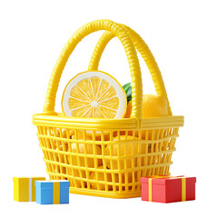 Yellow Lemon Basket with Gifts Fresh Citrus Fruit in a Yellow Shopping Basket 3D Render