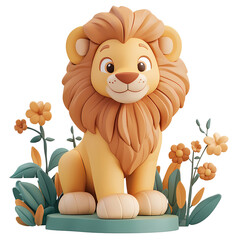 Adorable 3D Render of a Cartoon Lion Cub Sitting Amidst Flowers and Lush Greenery
