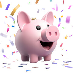 Happy Piggy Bank Surrounded by Colorful Confetti Celebrating Savings and Financial Success
