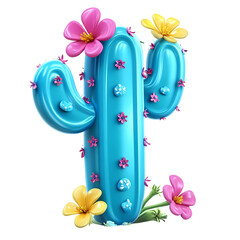Vibrant Blue Cartoon Cactus with Colorful Flowers Summer Desert Plant 3D Render