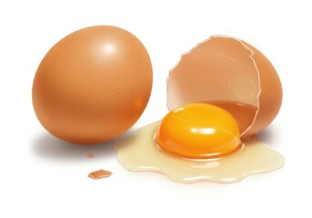 A whole brown egg beside a cracked egg with yolk and egg white spilling out on a white background showing the rich golden yolk and creamy