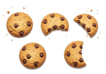 Delicious chocolate chip cookies some with a bite taken arranged on a white background a tempting sweet treat