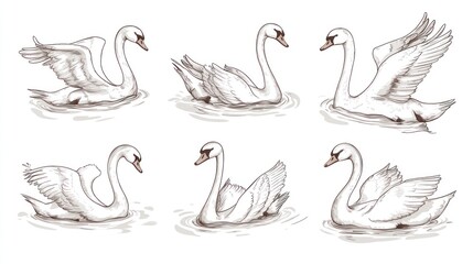 Fototapeta premium Six Swans Swimming, Water, Nature, Illustration, Wildlife, Design, Print, Decor