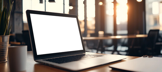 A Laptop with a Transparent PNG Screen for Personalized Branding and Advertisement in a Modern Coworking Office Setting