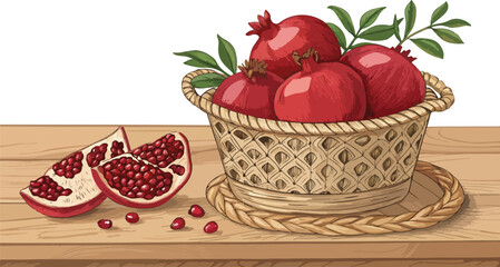 Pomegranate Illustration vector design, Pomegranates in basket with Pomegranate slice on table in kitchen