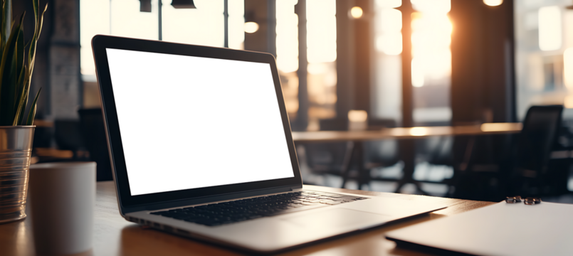 A Laptop with a Transparent PNG Screen for Personalized Branding and Advertisement in a Modern Coworking Office Setting