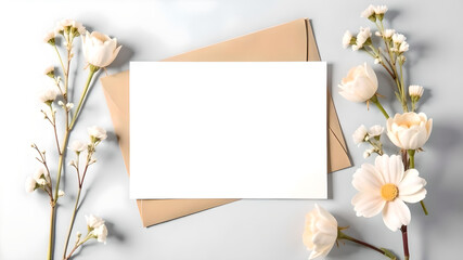 Delicate arrangement of white flowers and blank stationery evokes a serene atmosphere of nature-inspired creativity Generative AI