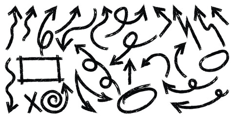 Set of chalked arrows and frames. Hand drawn black charcoal. Vector doodle marker drawing. Freehand different curved arrows, swirls, circles. Vector illustration