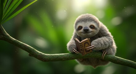 Fototapeta premium Adorable sloth enjoys a quiet moment reading a book.