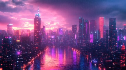 Fototapeta premium futuristic cityscape reflecting neon lights on river during a purple sunset creating a vibrant and captivating urban landscape vista