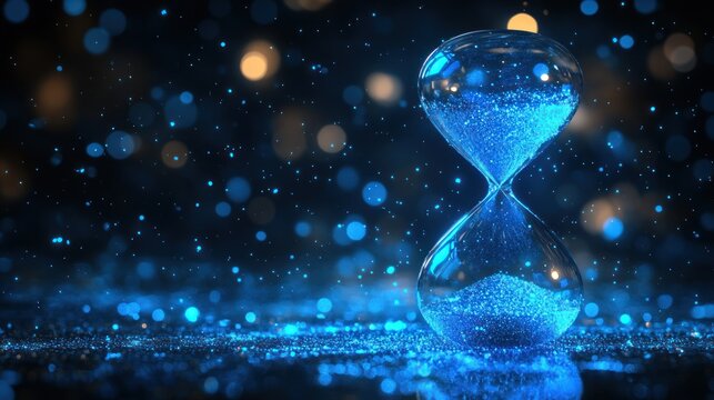 captivating hourglass time concept showcasing the passage of time with glowing blue particles and bokeh effects against a dark cosmic backdrop