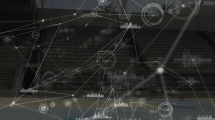 Male athlete running on track, displaying sports analytics network nodes and bar-chart overlays - Powered by Adobe