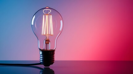 Bright illuminated vintage-style light bulb against a colorful split red and blue background, representing creativity, energy, imagination, and visionary thinking in modern design


