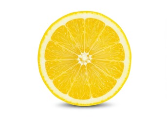 A juicy lemon slice perfectly halved reveals its vibrant yellow segments and refreshing citrus heart against a bright white background