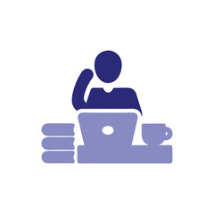 Person Working on Laptop, Books, Coffee Icon